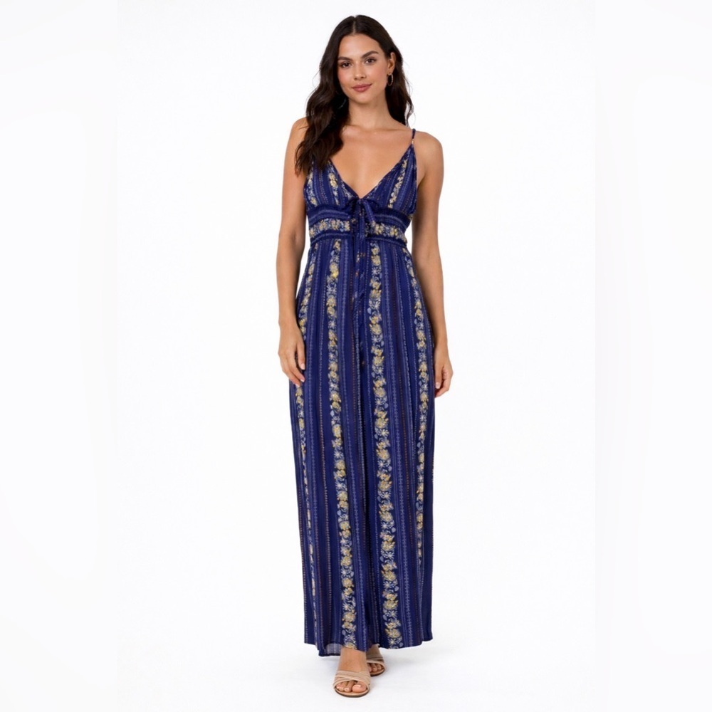 Promesa Floral Patterned Flowy Blue Spaghetti Strap Maxi Dress Size Large NWOT - Picture 4 of 7